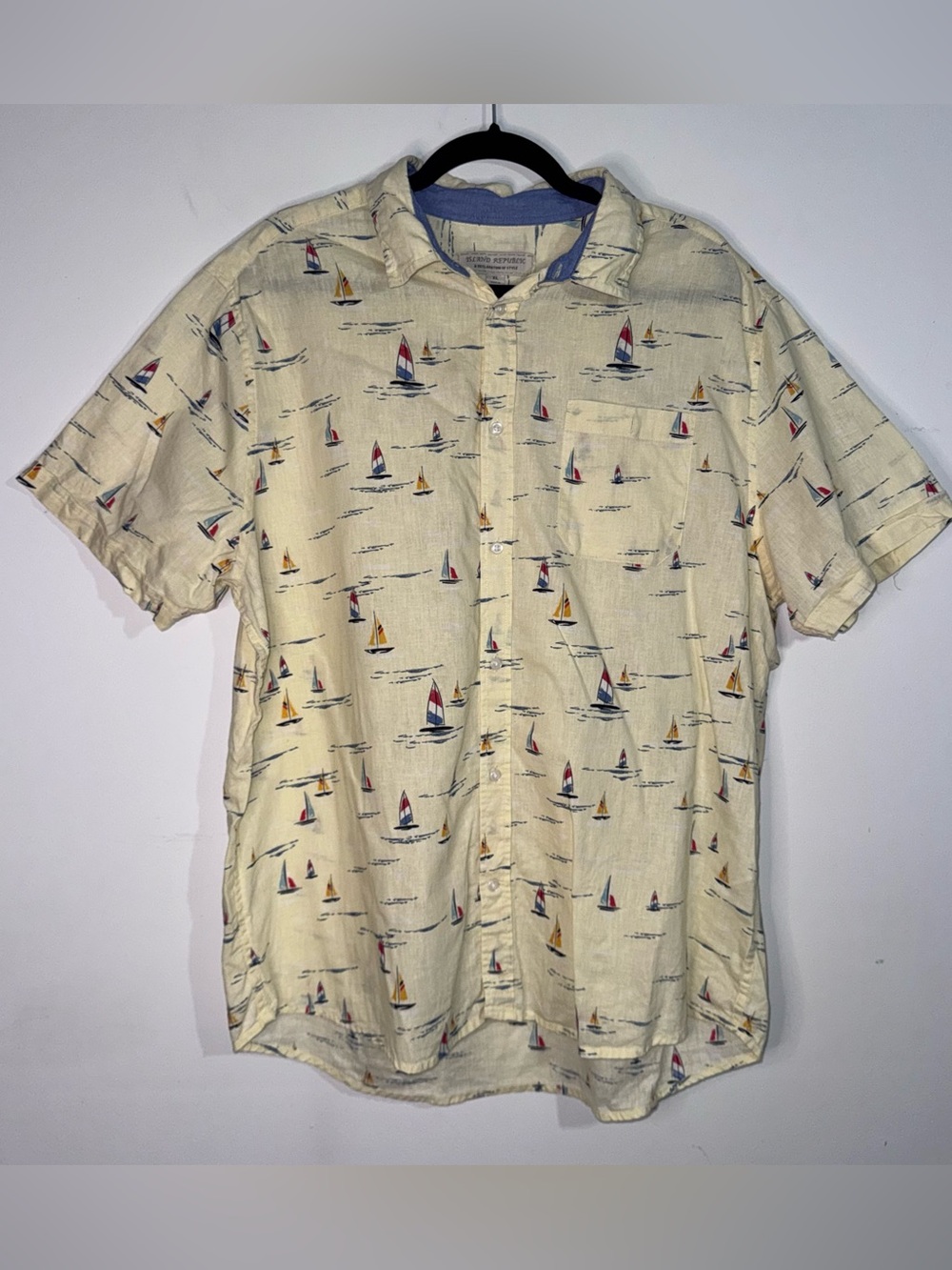 Island Republic Linen Cotton Sailboat Print Button Up Shirt Men XL